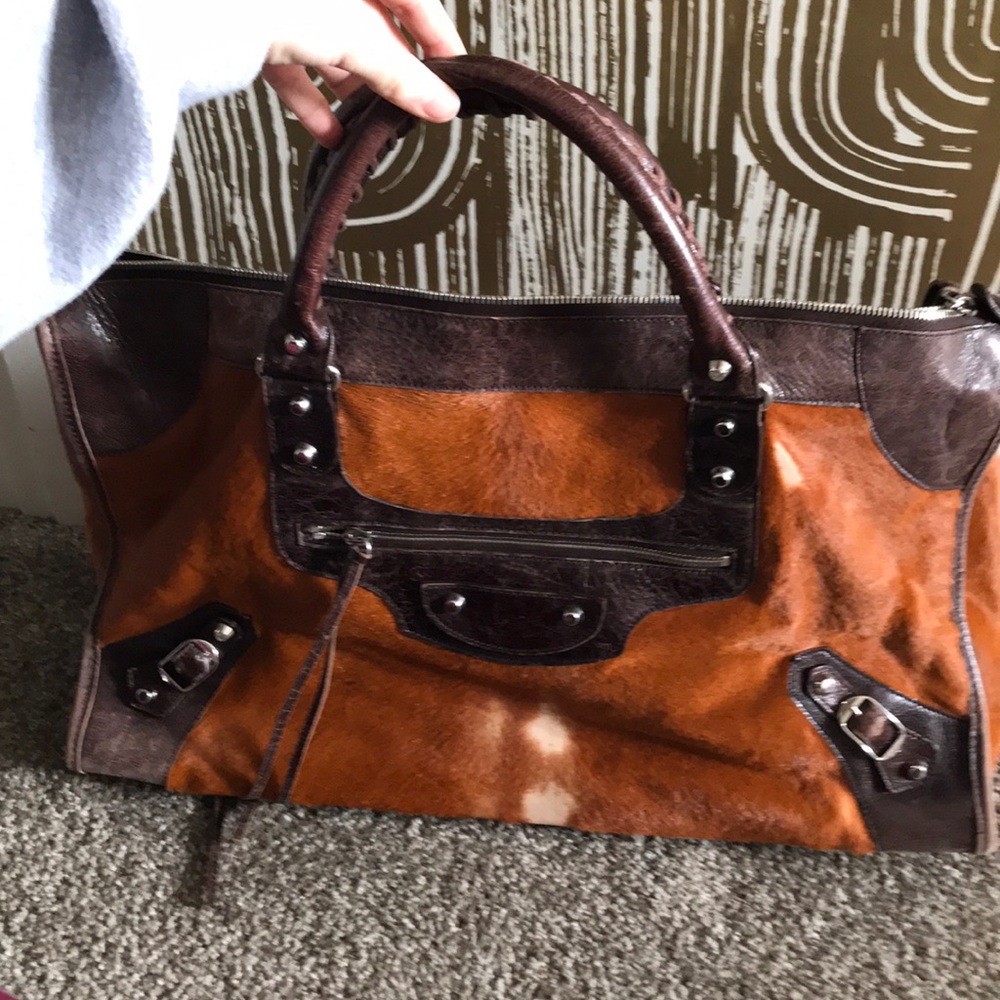 balenciaga paris brown horse hair and leather bag
